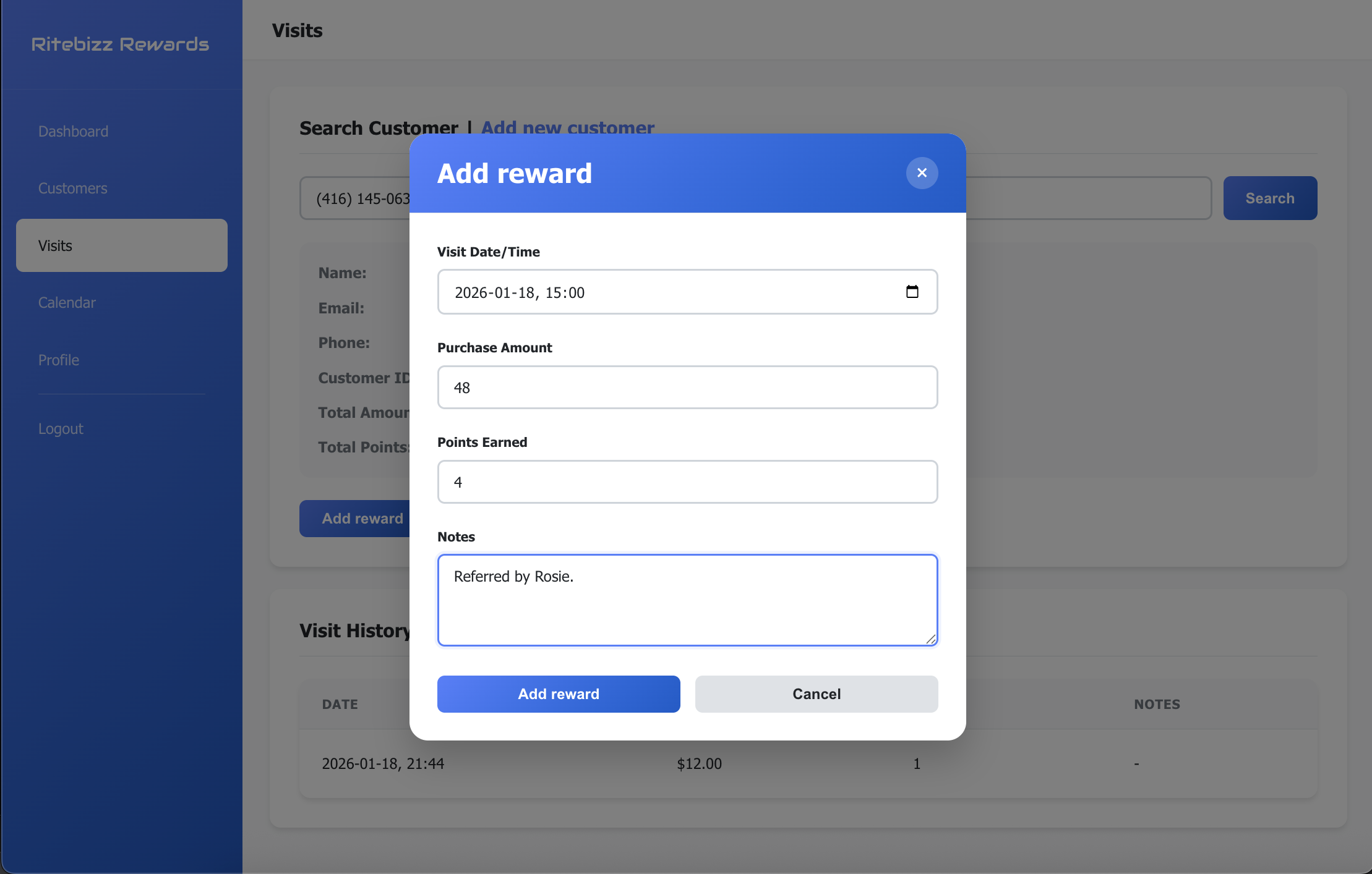 Add Visit and Track Rewards